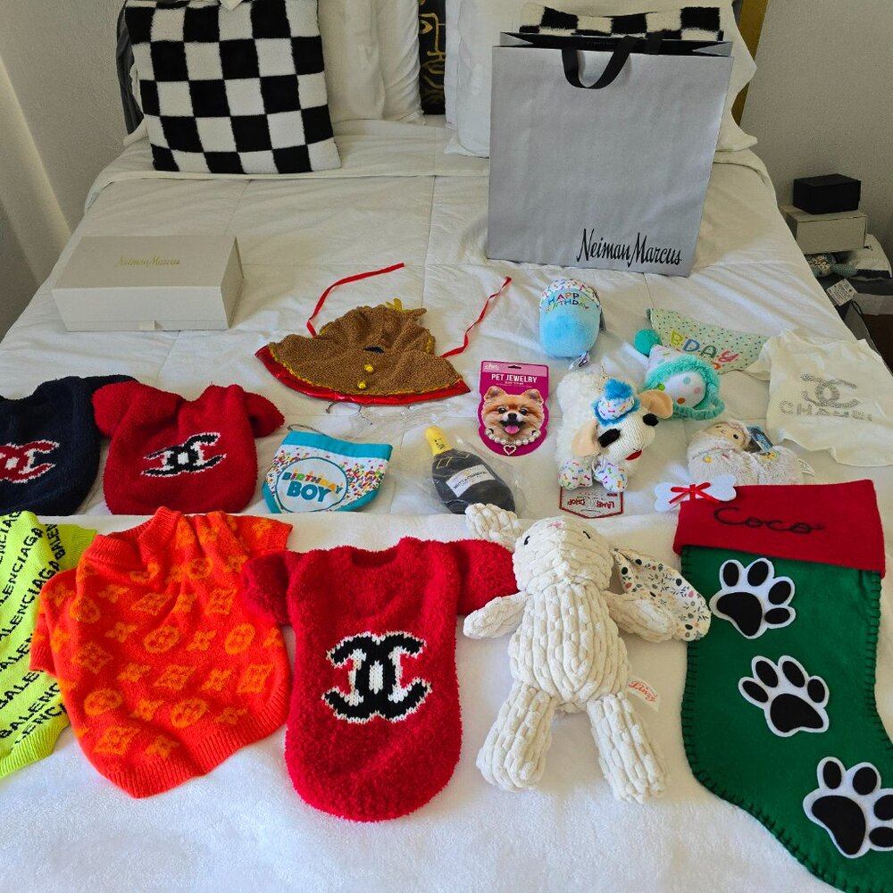 Neiman Marcus Designer Pet Dog Lot Squeaky Toys Stocking Sweaters+ More